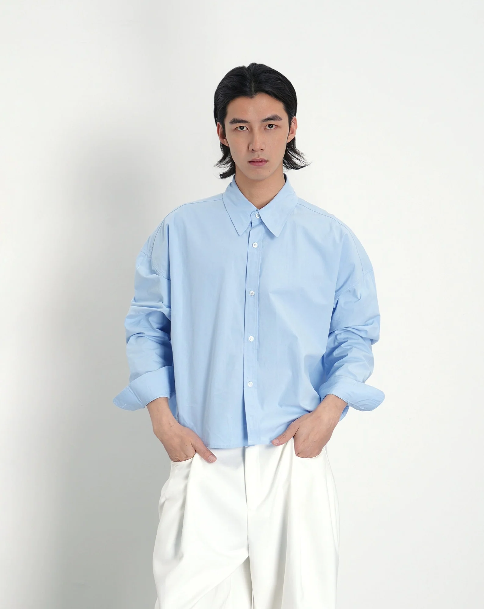 Mid-Crop Oversized Drop Shoulder Button-Up Shirt - Image 2