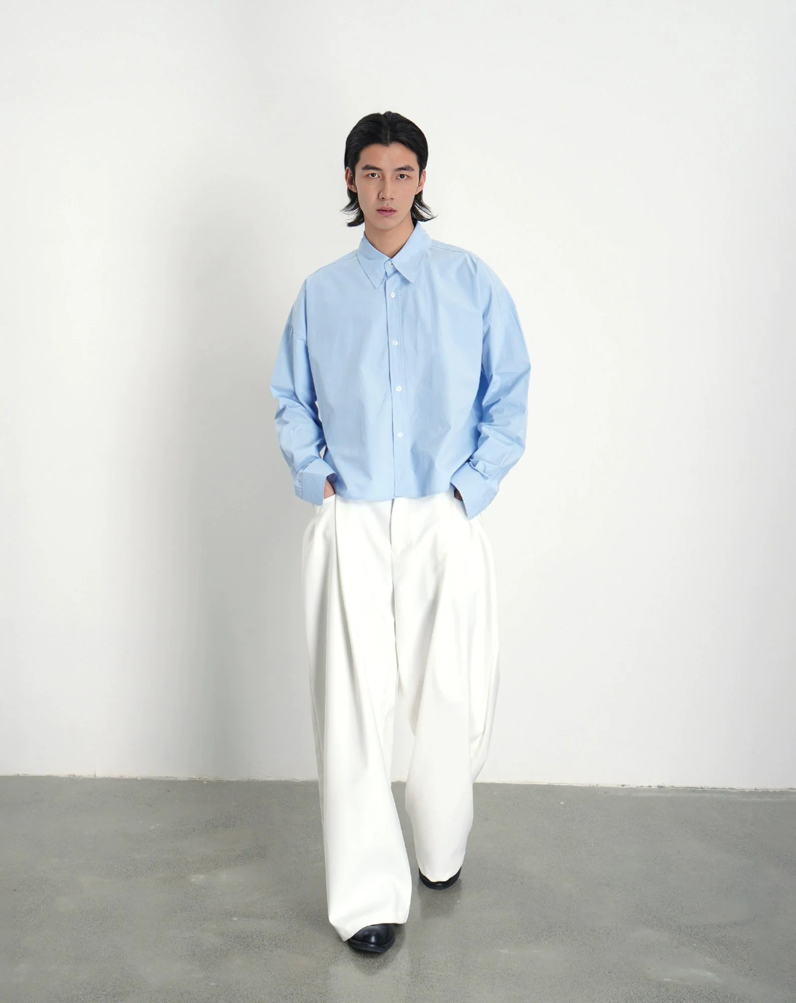 Mid-Crop Oversized Drop Shoulder Button-Up Shirt - Image 3
