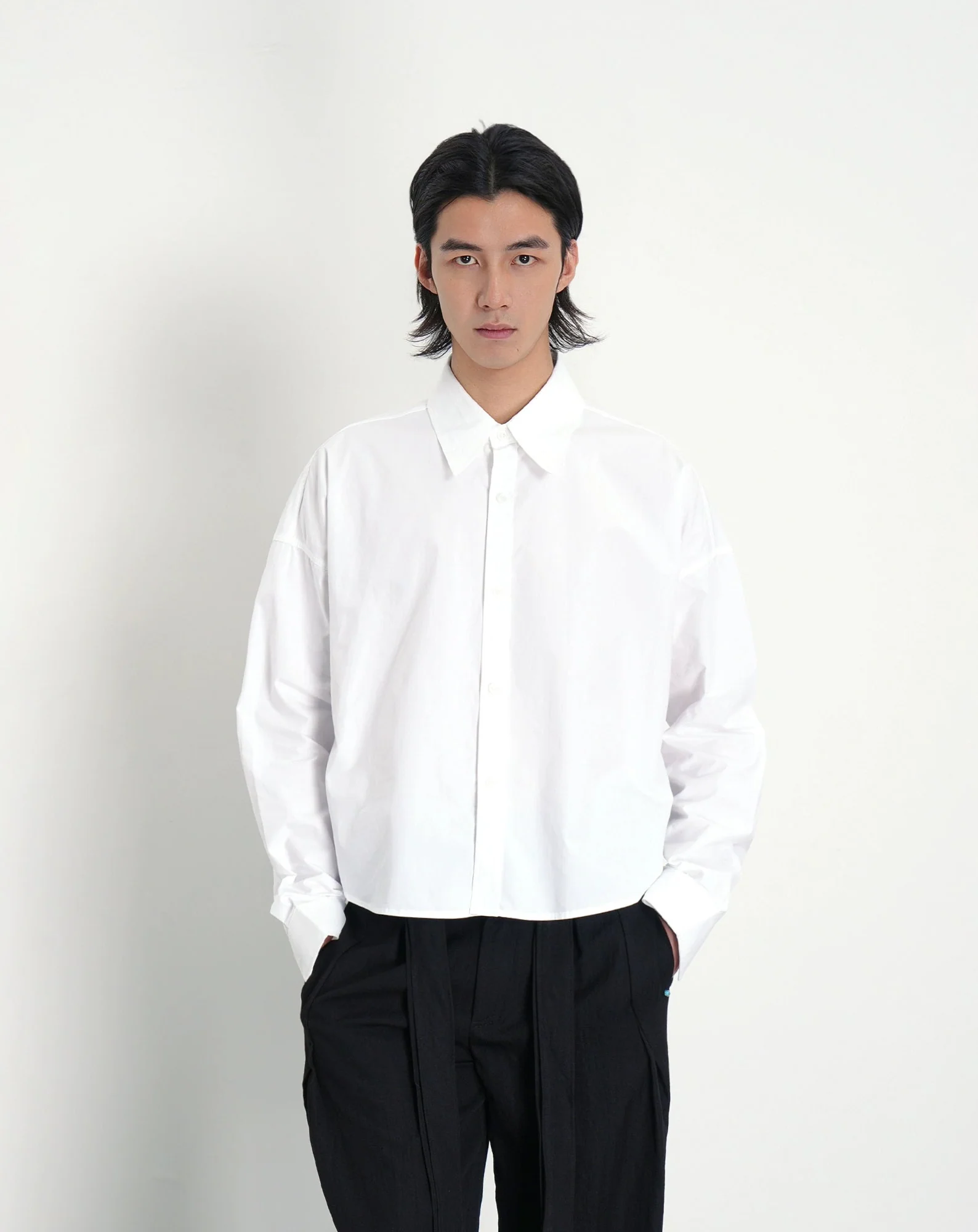 Mid-Crop Oversized Drop Shoulder Button-Up Shirt - Image 4