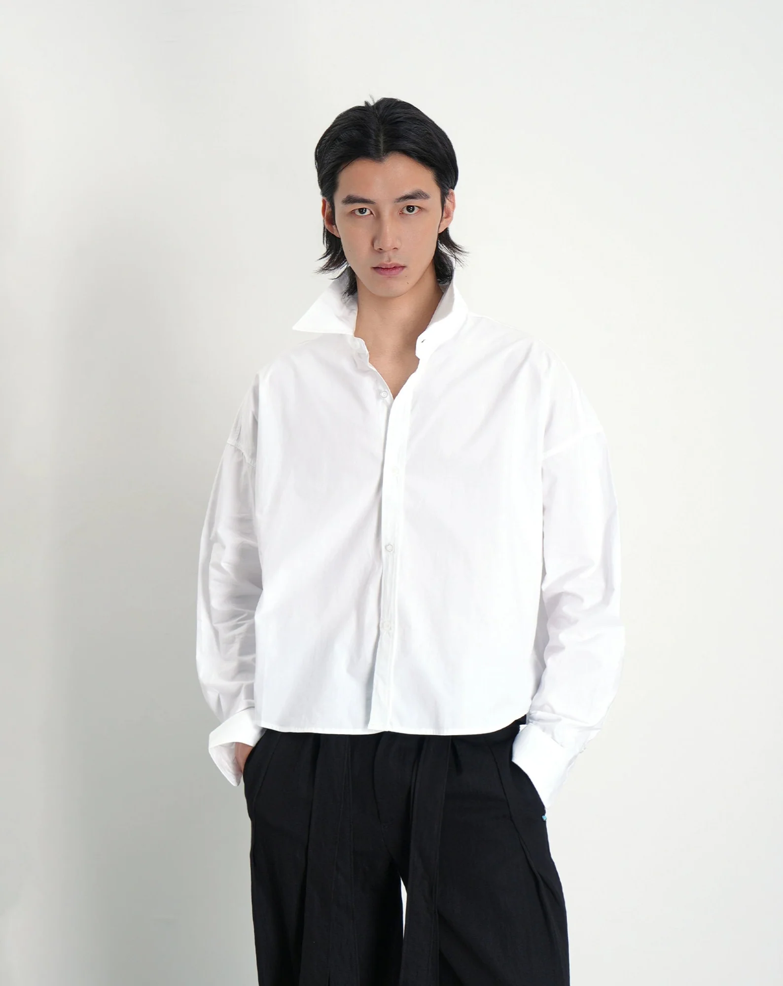Mid-Crop Oversized Drop Shoulder Button-Up Shirt - Image 5