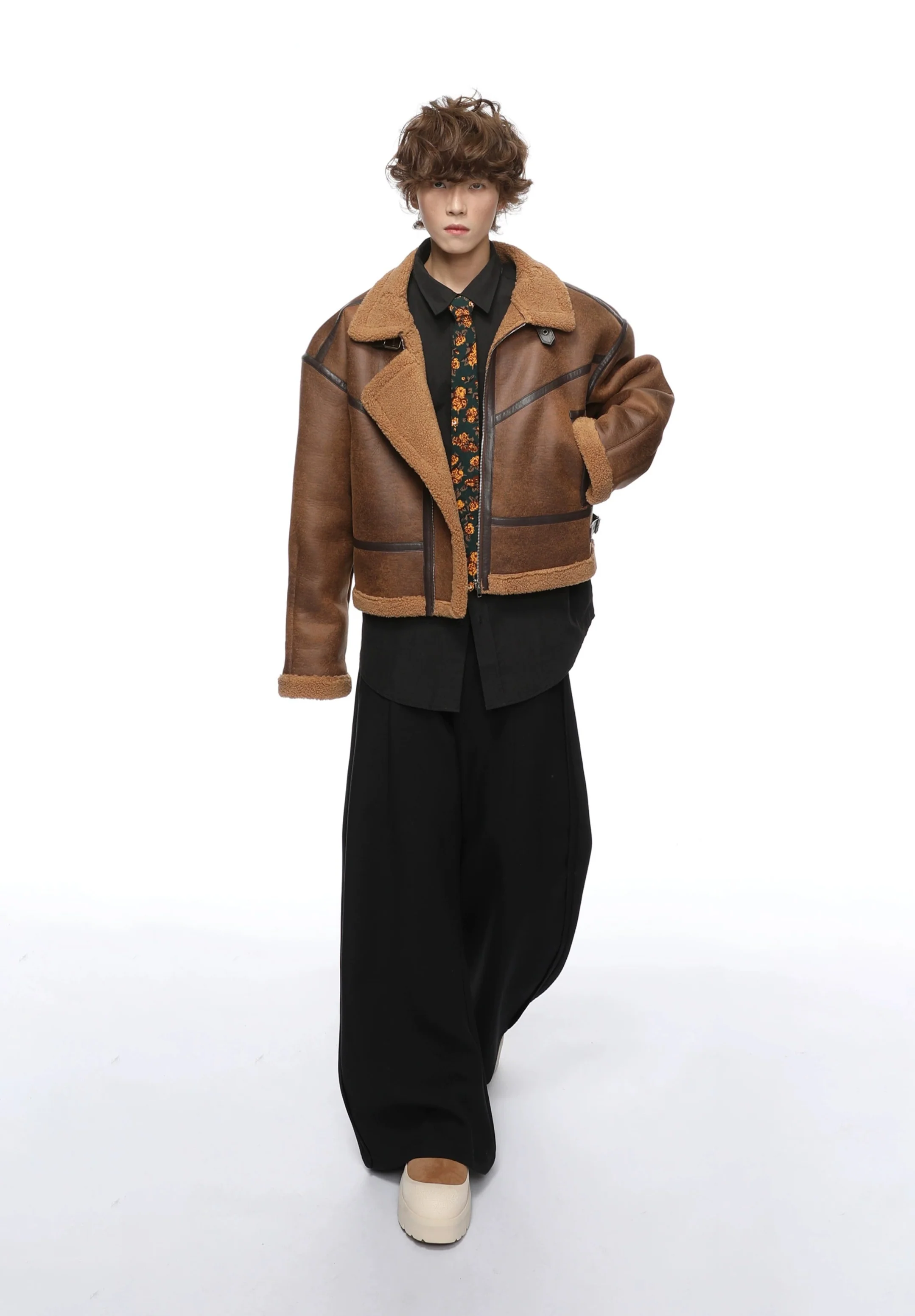 Mid-Crop Shearling Lined Faux Leather Aviator Jacket - Image 2