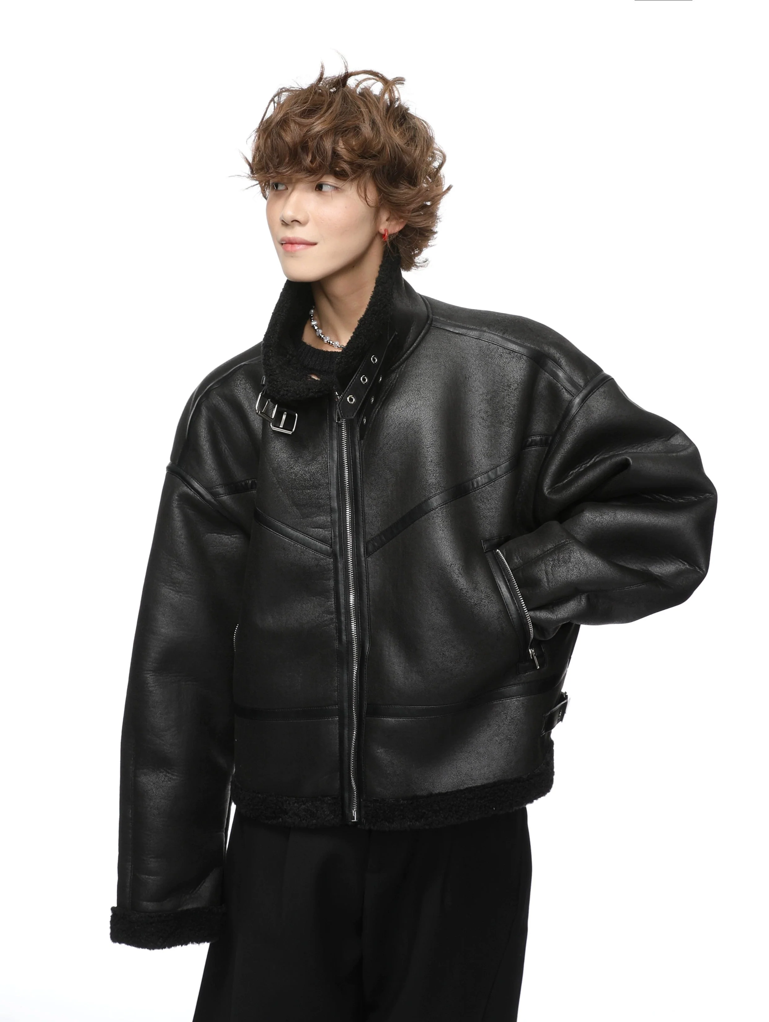 Mid-Crop Shearling Lined Faux Leather Aviator Jacket - Image 6