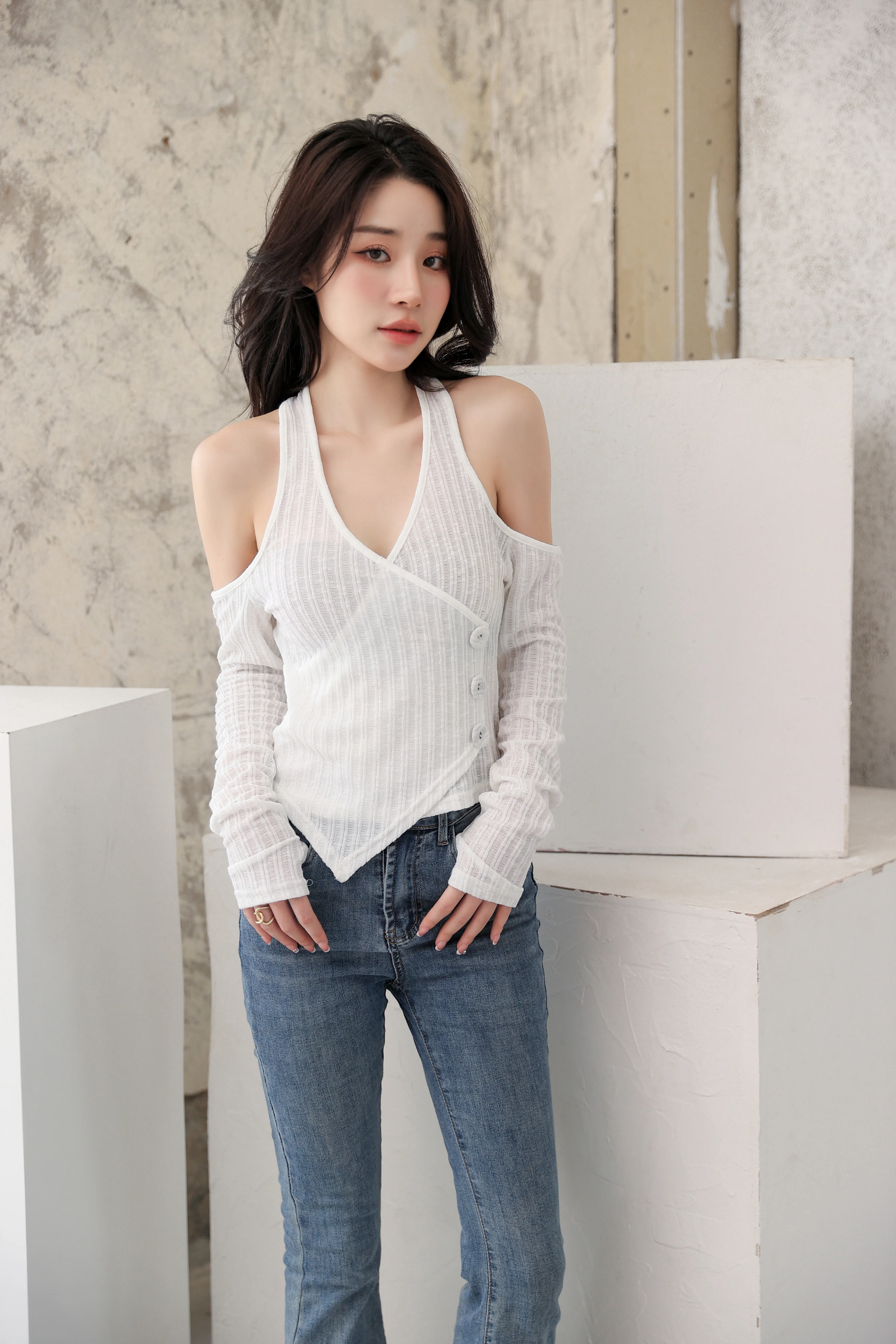 Mock Layer Cold Shoulder Knit Crop Top - Image 12