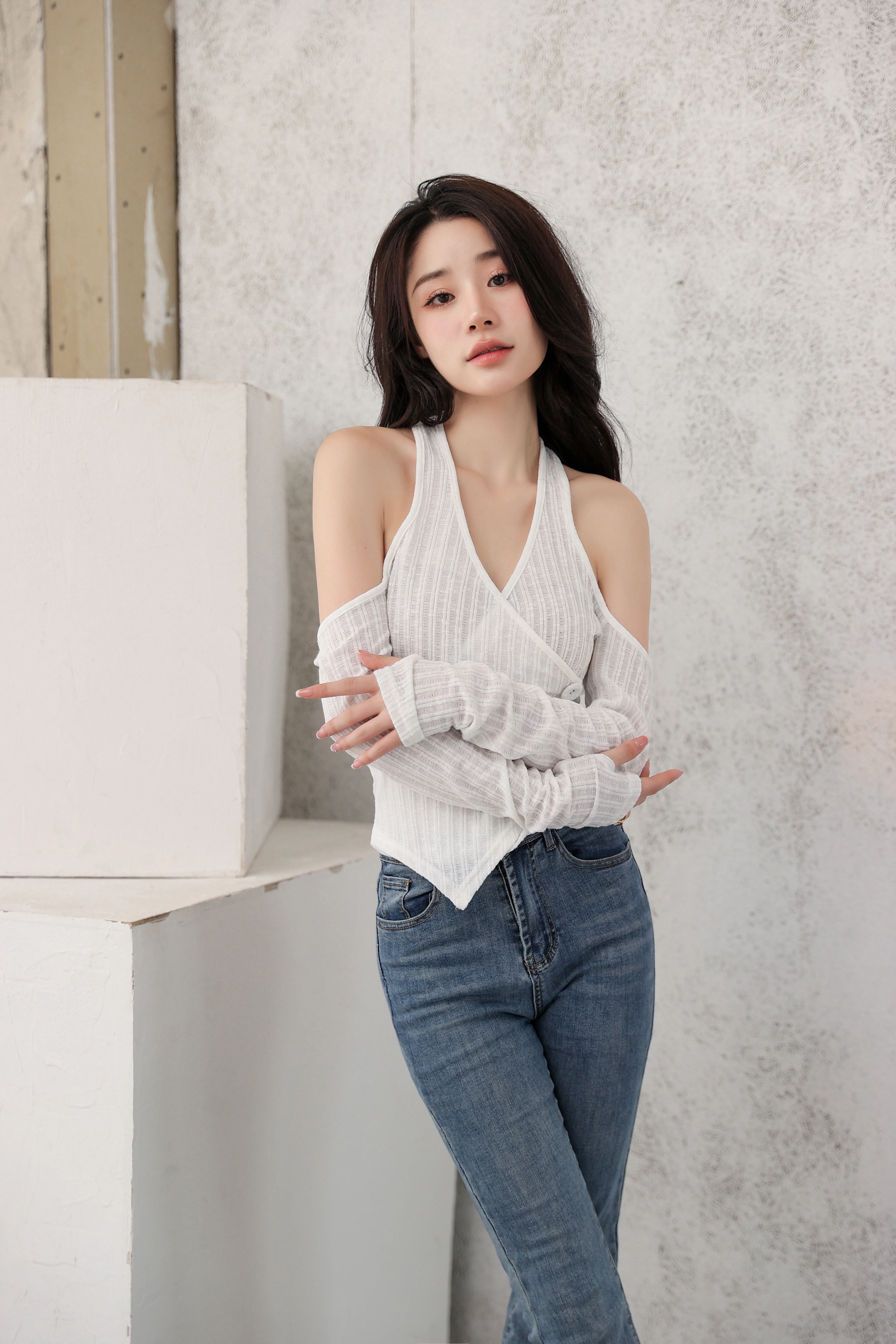 Mock Layer Cold Shoulder Knit Crop Top - Image 6