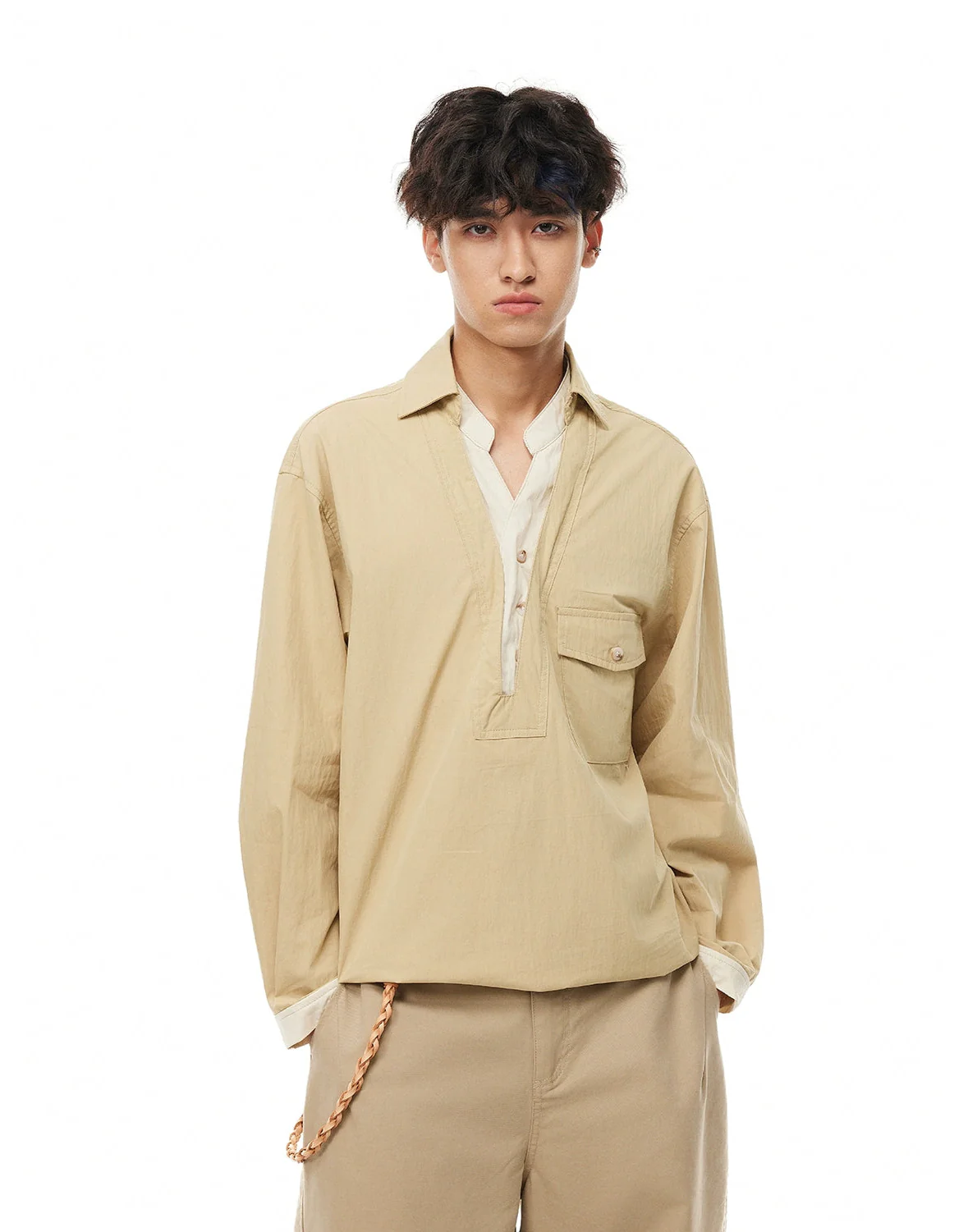 Mock Layered Popover Shirt with Button Neck