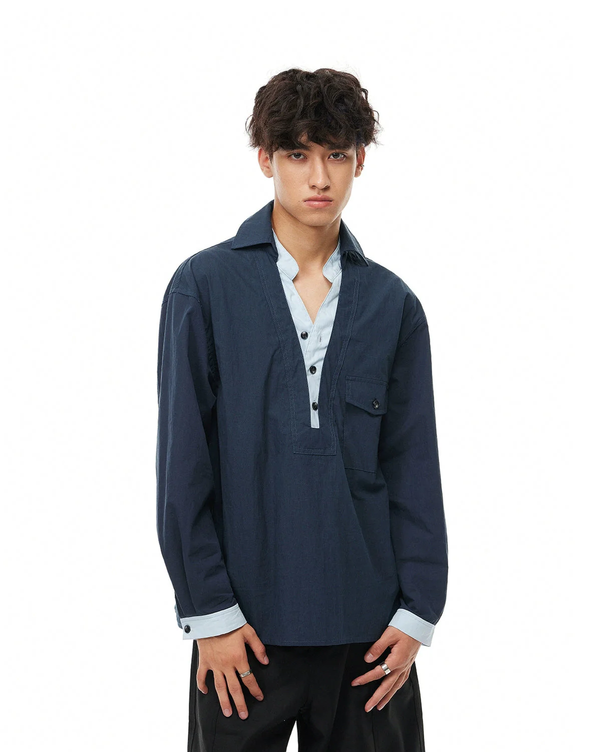 Mock Layered Popover Shirt with Button Neck - Image 10