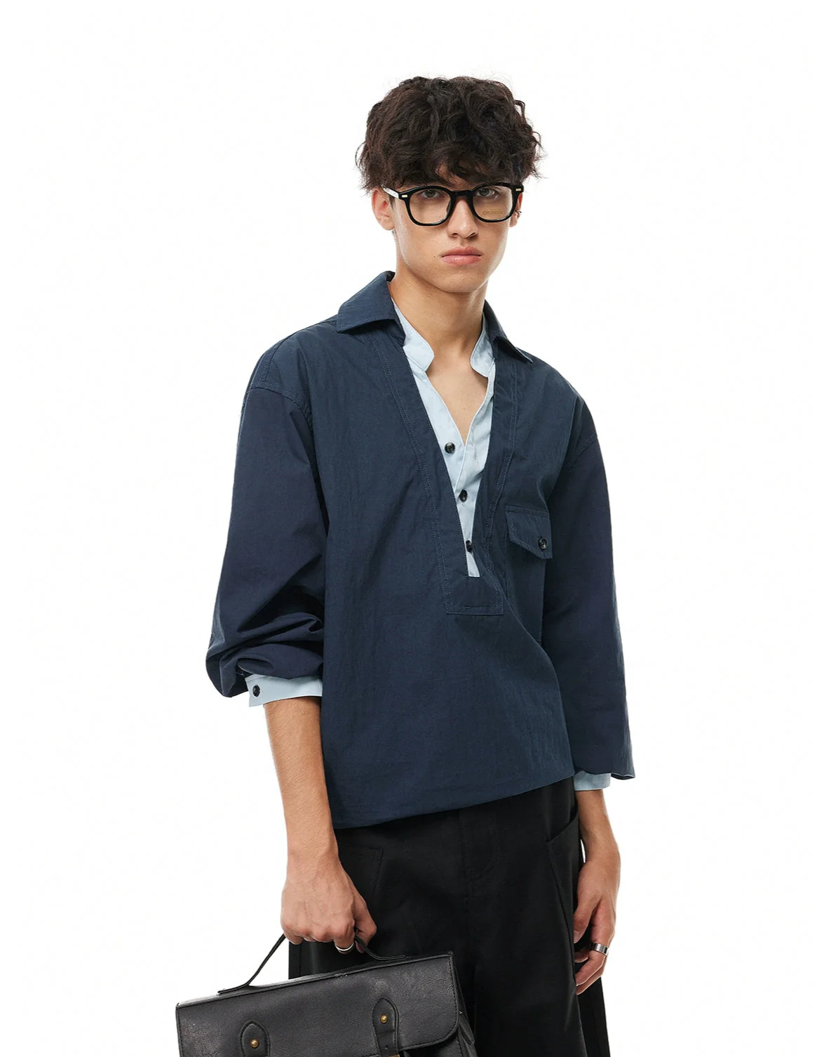 Mock Layered Popover Shirt with Button Neck - Image 11