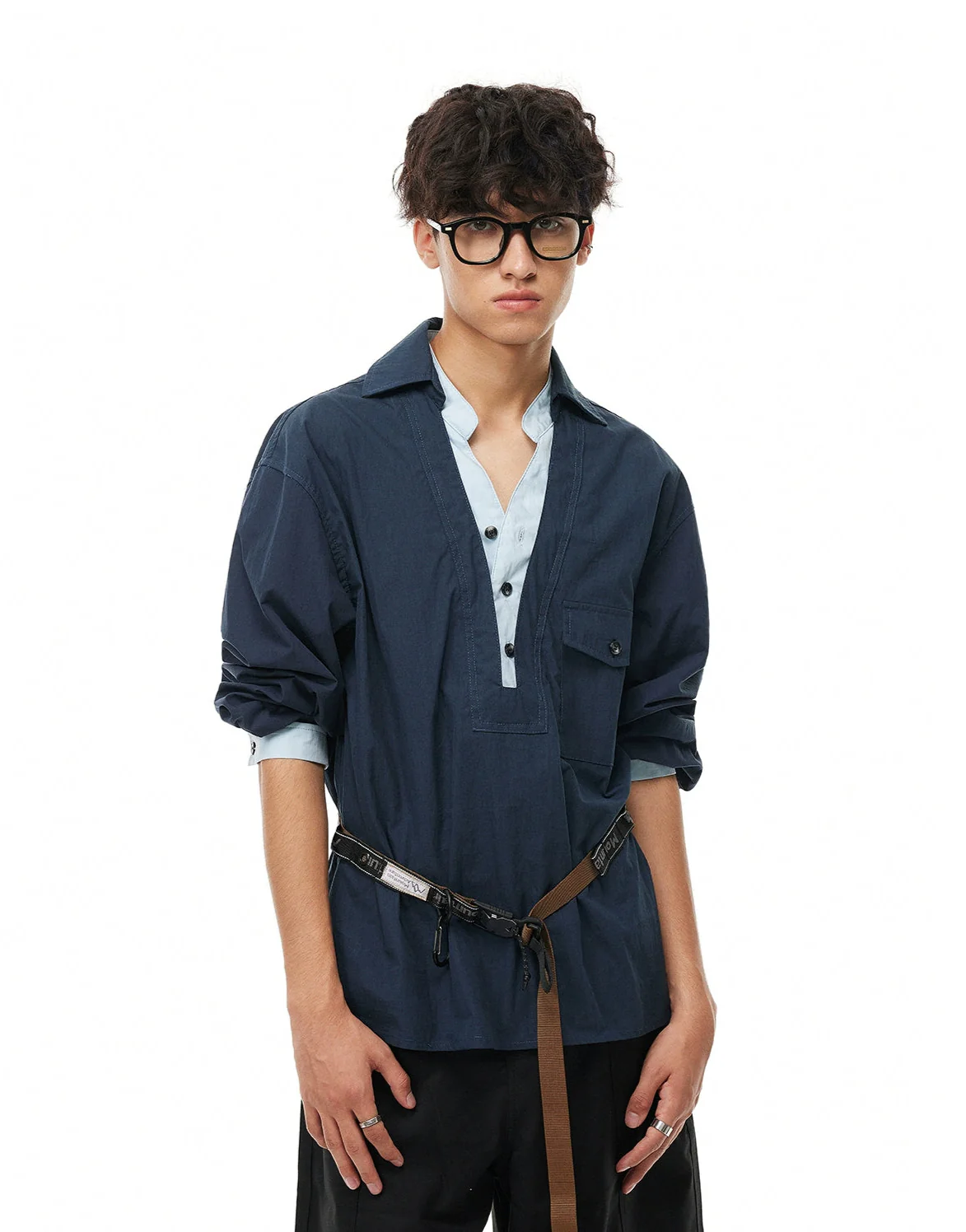 Mock Layered Popover Shirt with Button Neck - Image 12