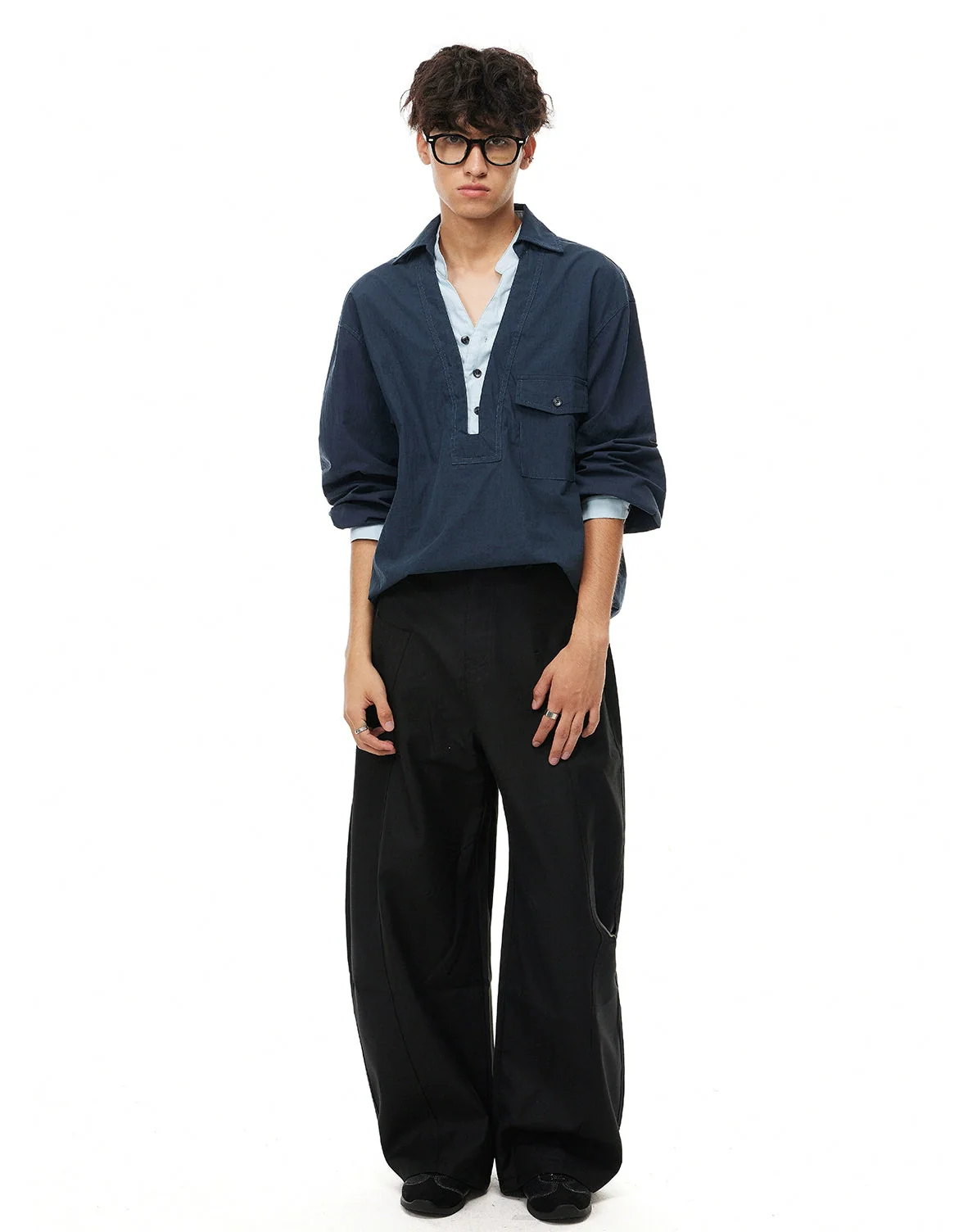 Mock Layered Popover Shirt with Button Neck - Image 13
