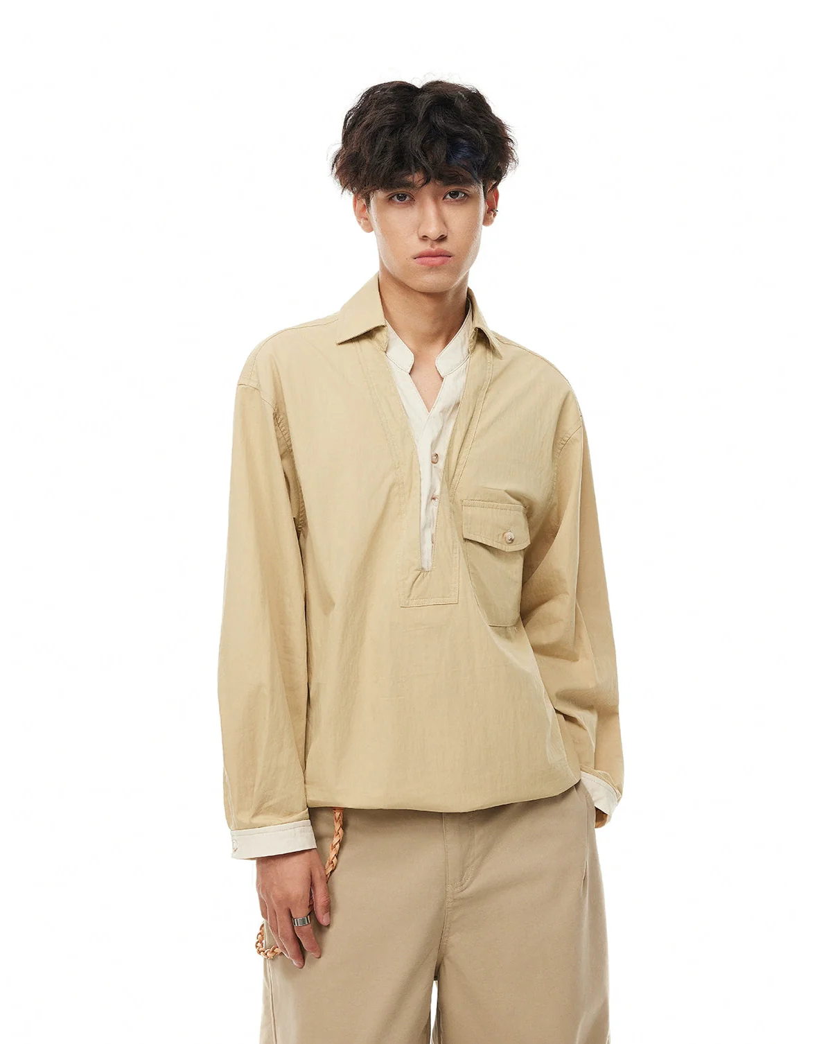 Mock Layered Popover Shirt with Button Neck - Image 2