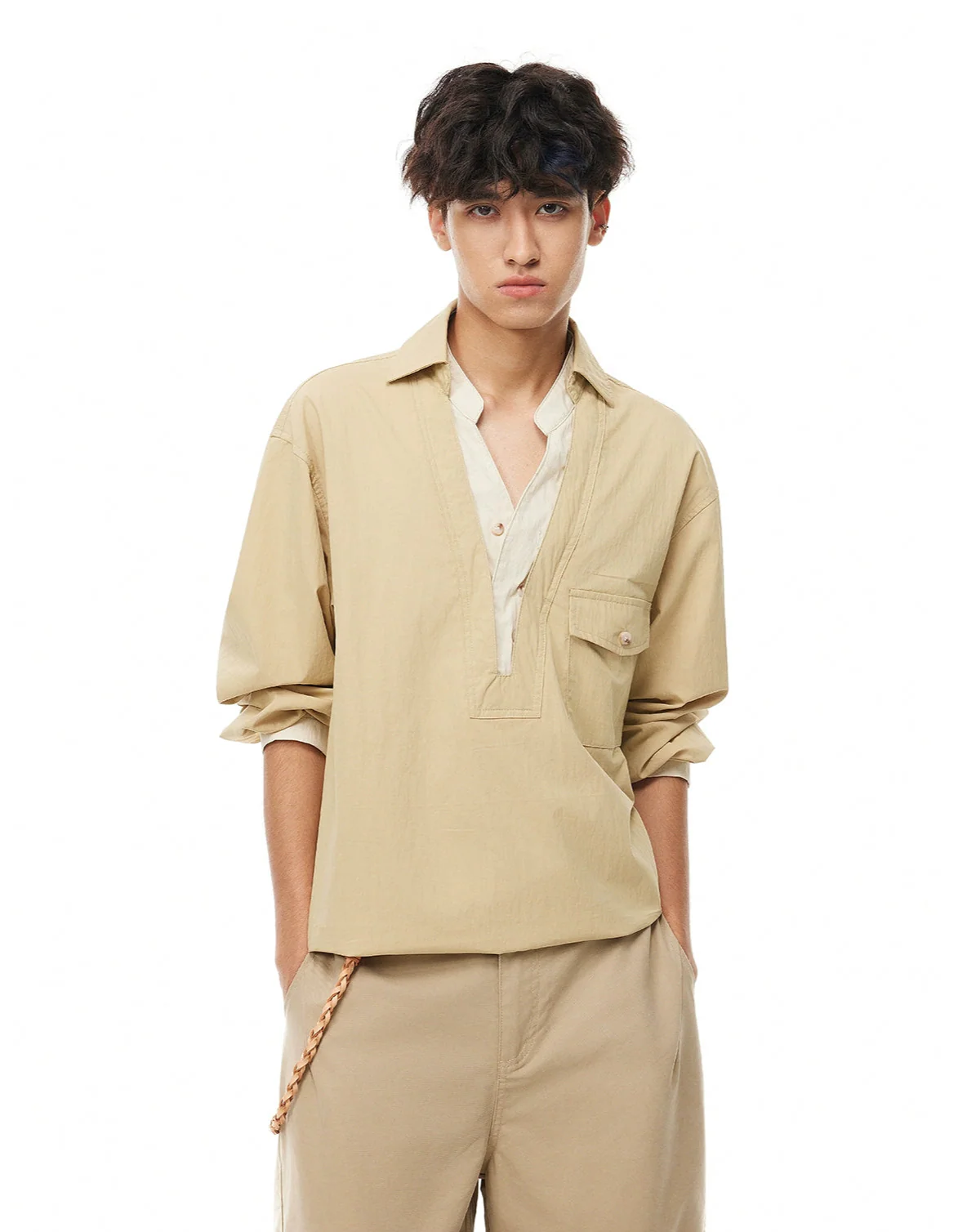 Mock Layered Popover Shirt with Button Neck - Image 3