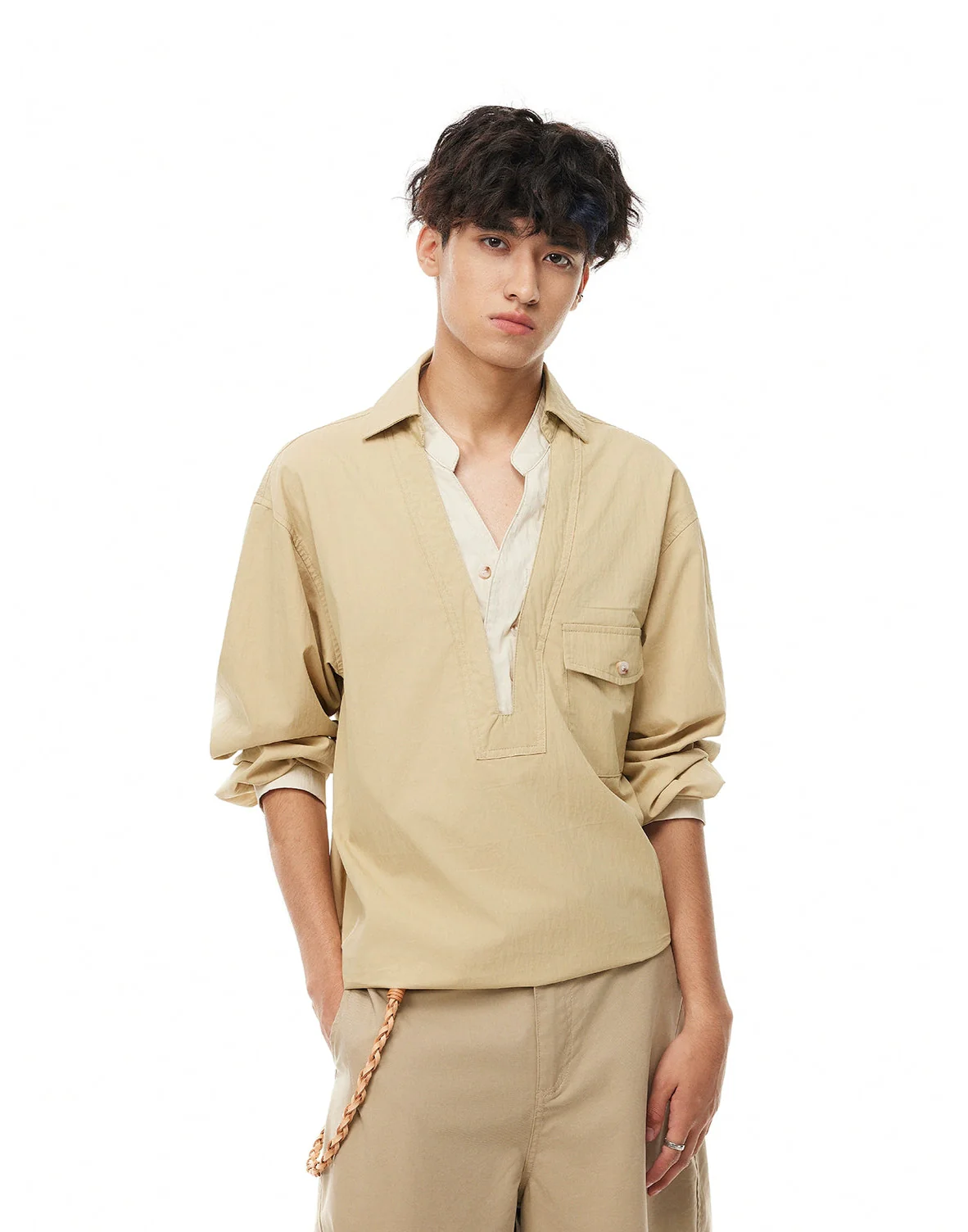 Mock Layered Popover Shirt with Button Neck - Image 4
