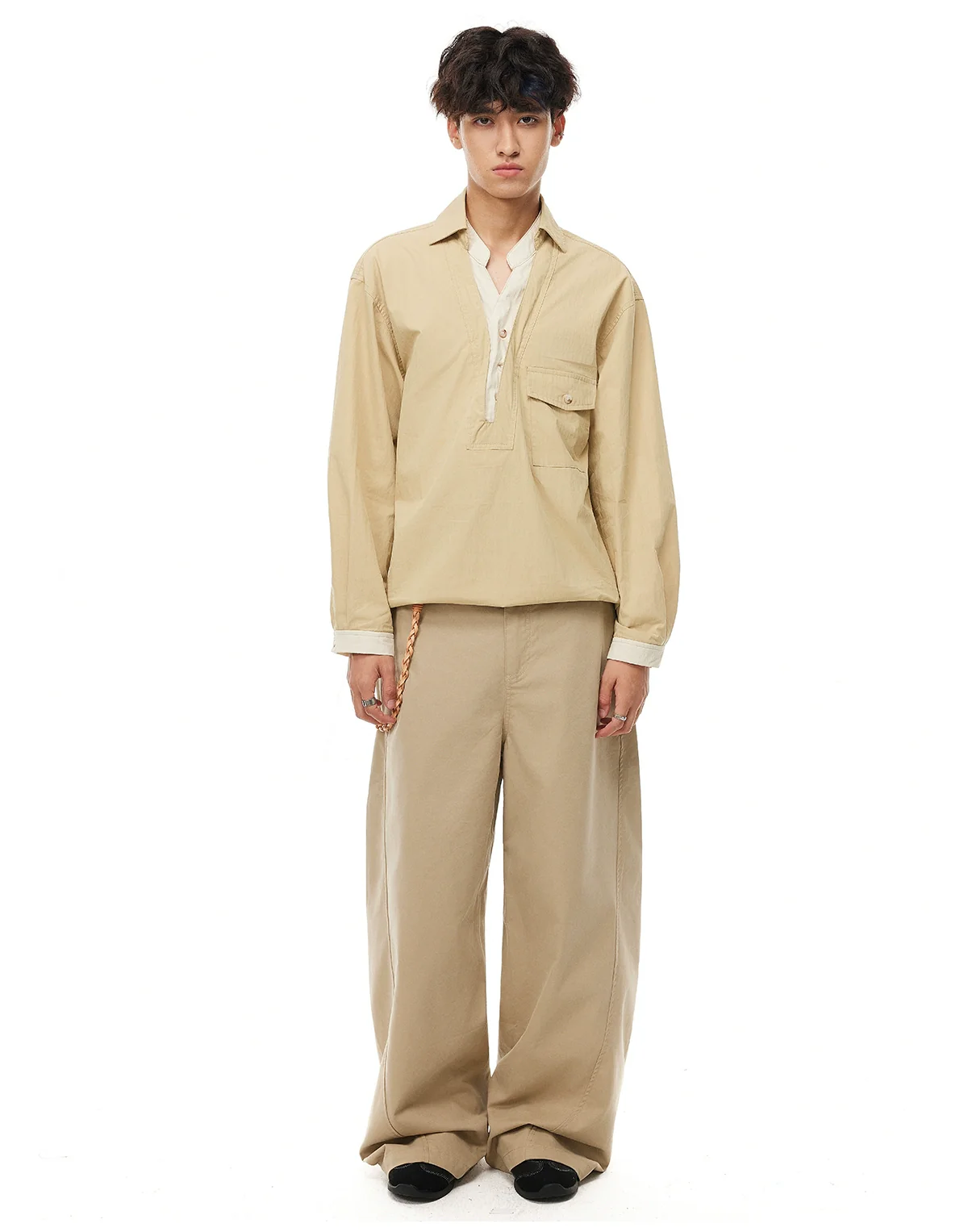 Mock Layered Popover Shirt with Button Neck - Image 7