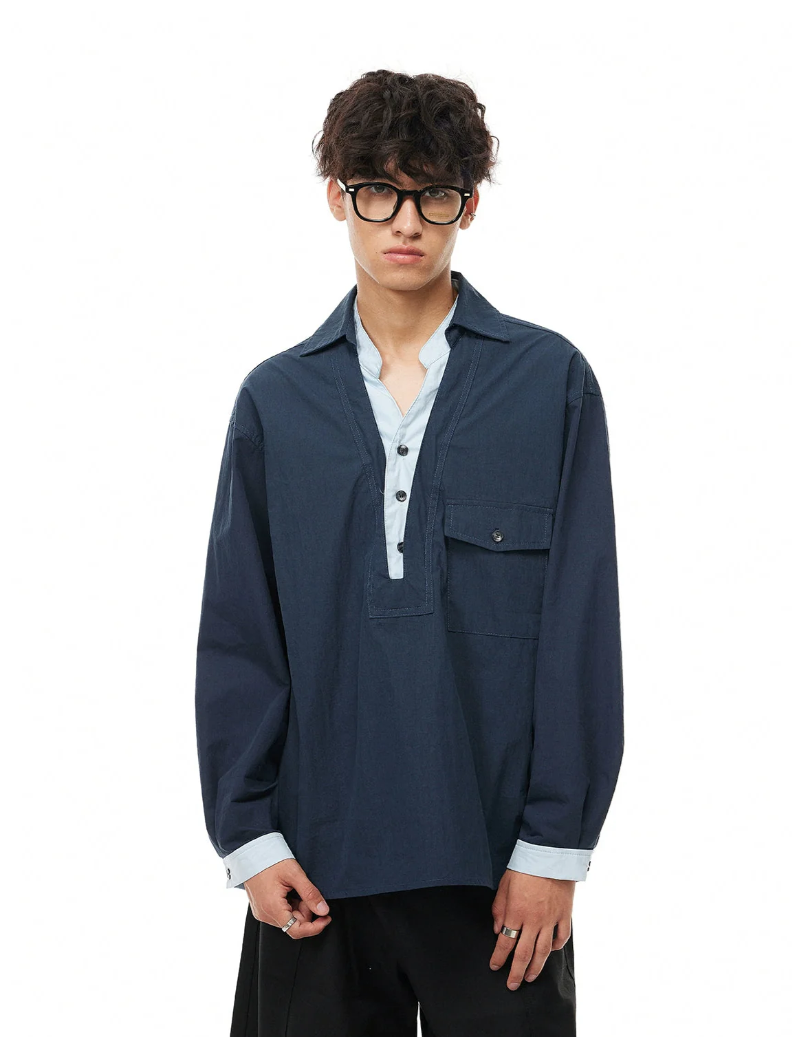 Mock Layered Popover Shirt with Button Neck - Image 8