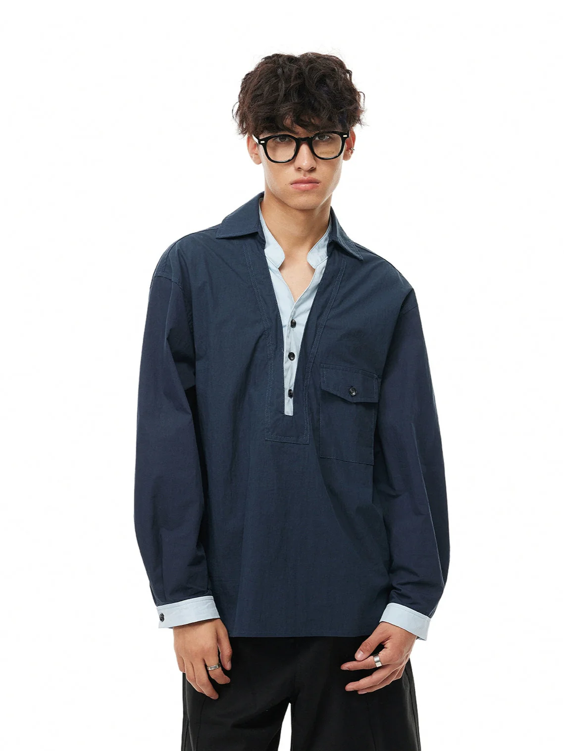 Mock Layered Popover Shirt with Button Neck - Image 9