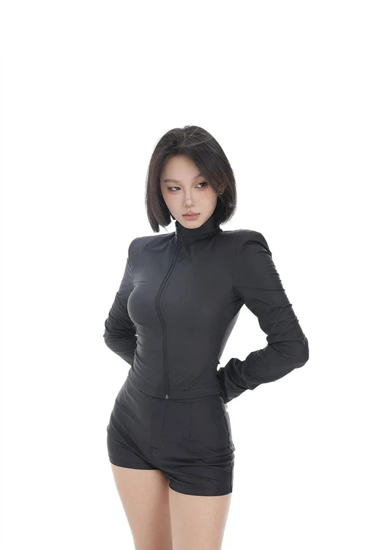 Mock Neck Asymmetric Zip Jacket and Micro Shorts Two-Piece Set - Image 3