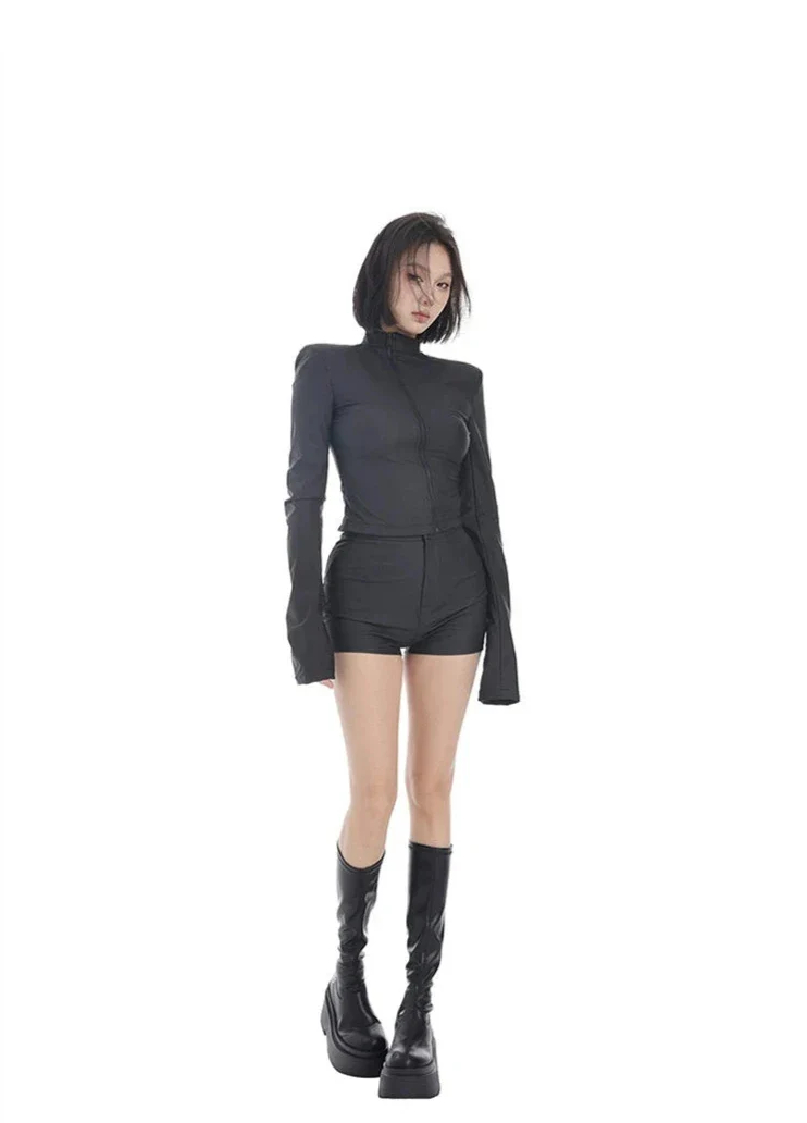 Mock Neck Asymmetric Zip Jacket and Micro Shorts Two-Piece Set - Image 4