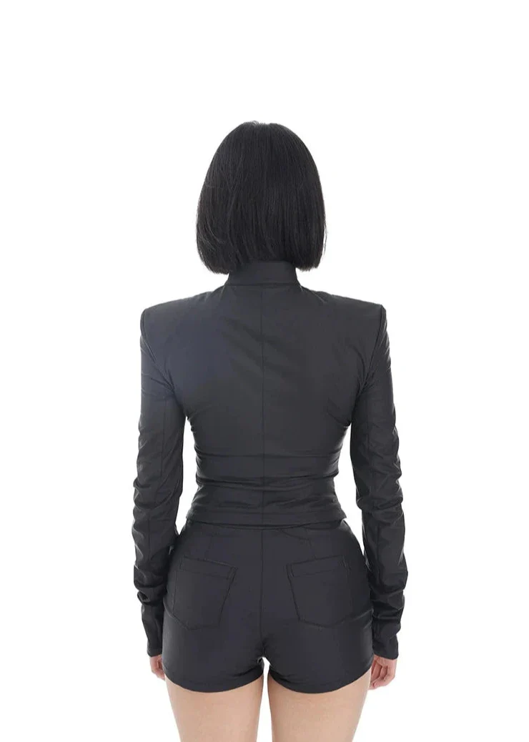 Mock Neck Asymmetric Zip Jacket and Micro Shorts Two-Piece Set - Image 5