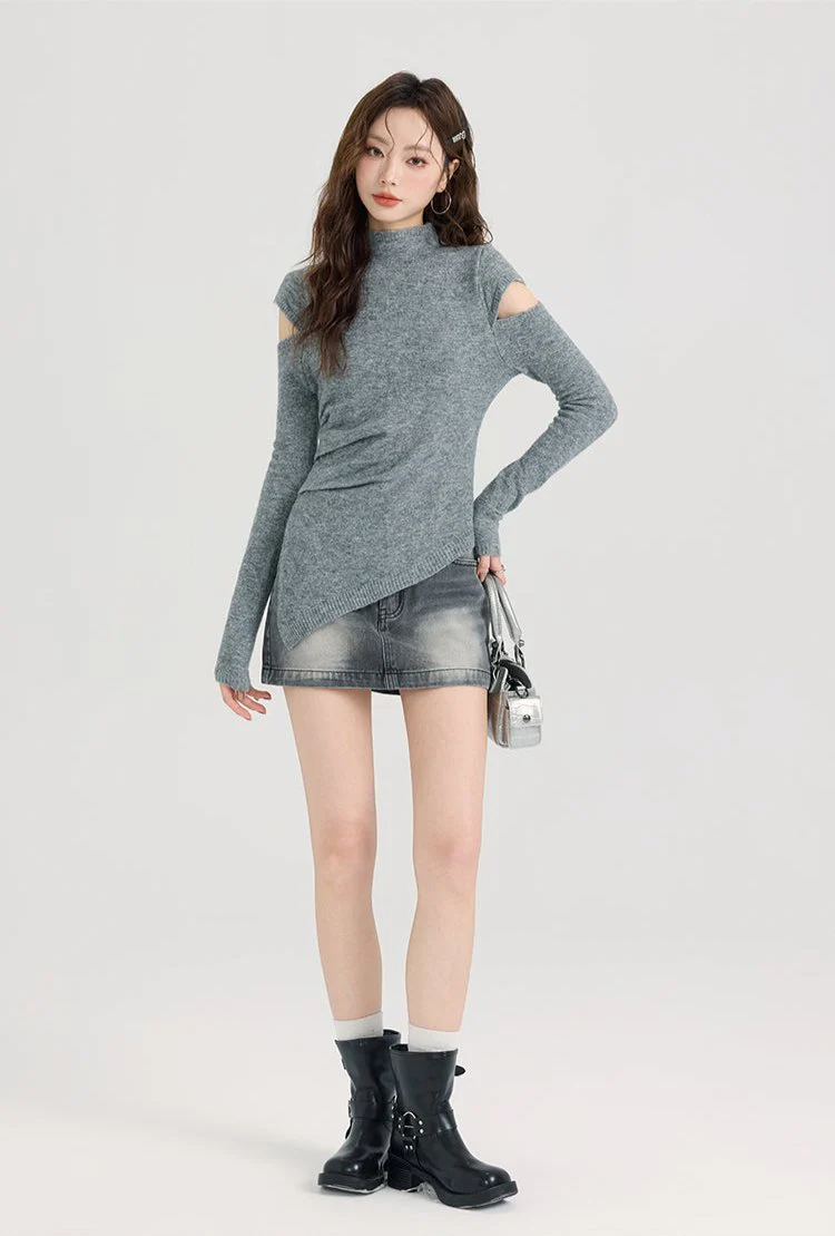 Mock Neck Ribbed Hem Asymmetric Cold Shoulder Top - Image 4
