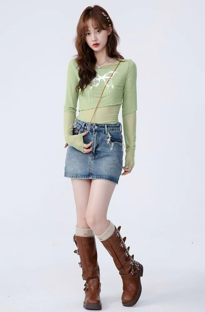 Mock Two-Piece Crop Top with Butterfly Print - Image 8