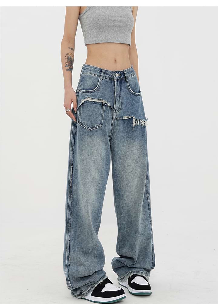 Mock Two-Piece Faded Distressed Jeans - Image 2