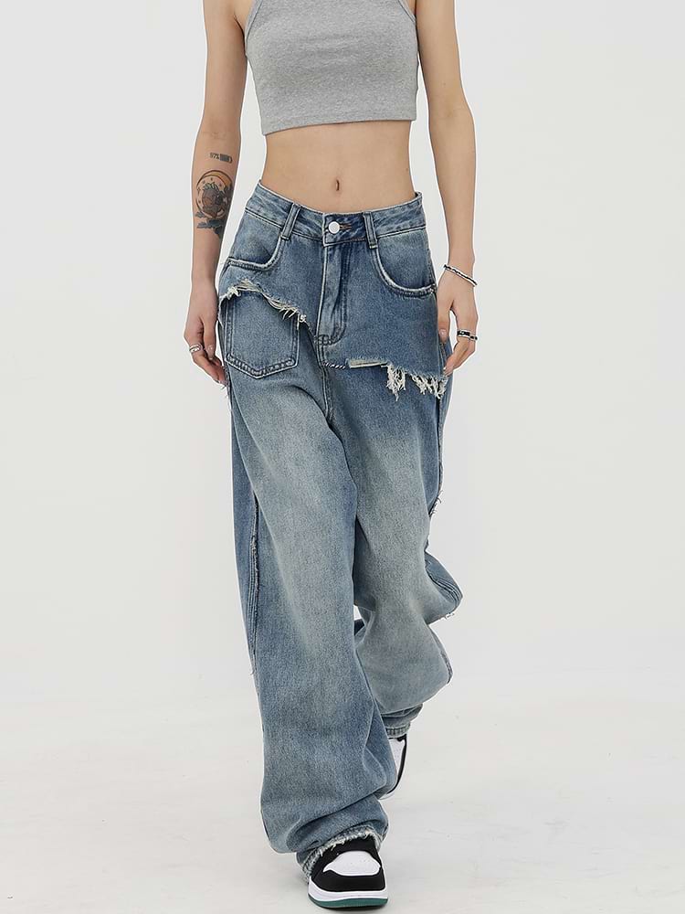 Mock Two-Piece Faded Distressed Jeans - Image 3