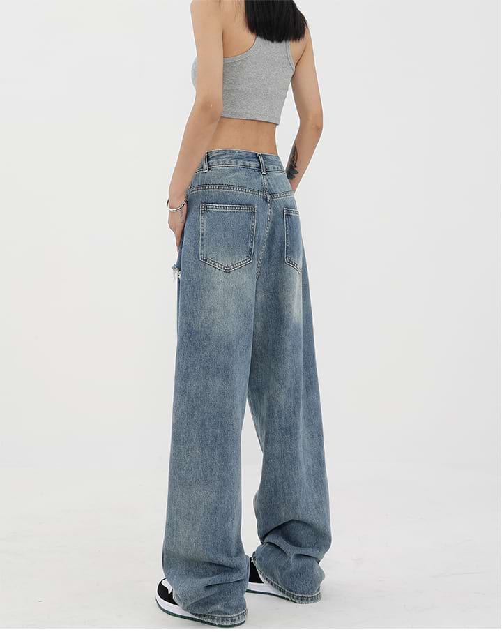 Mock Two-Piece Faded Distressed Jeans - Image 6