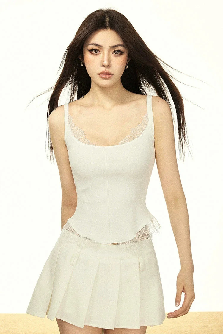 Mock Two Piece Lace Trim Ribbed Tank Top