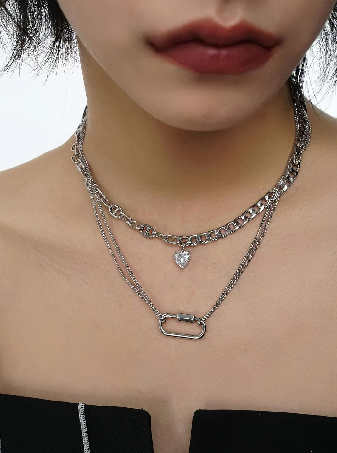 Multi Layer Chain Necklace with Heart Stud and Hollow Pendant - Image 6