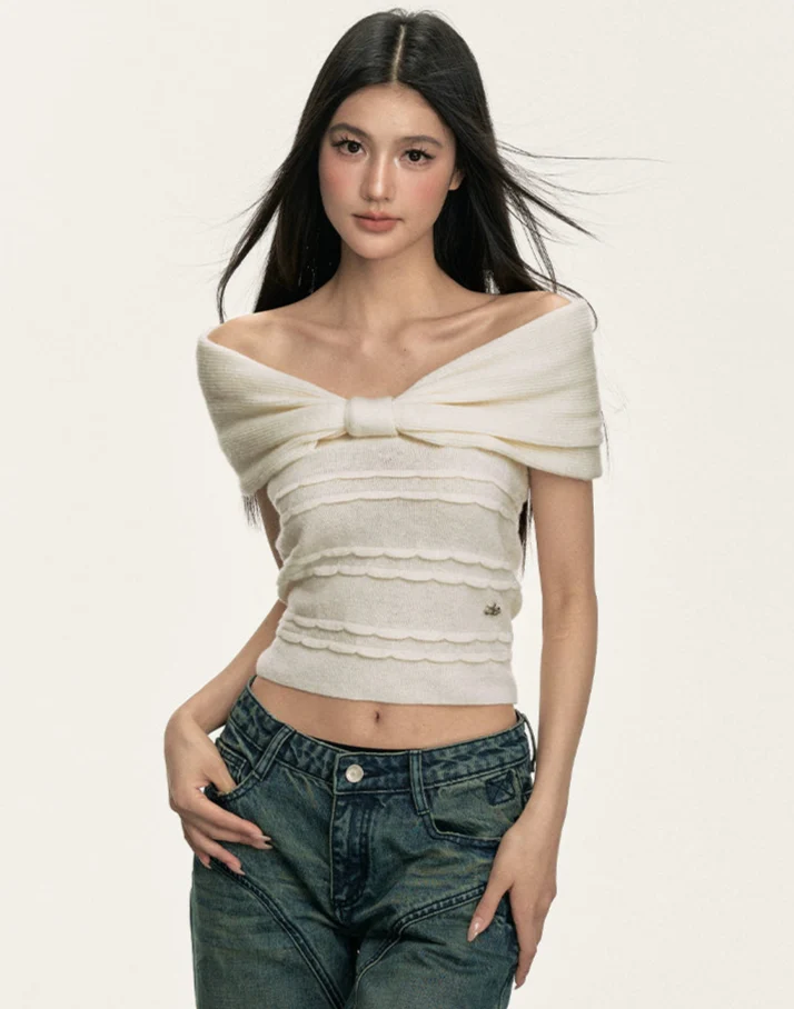 Off Shoulder Bow Knit Top and Textured Stripes