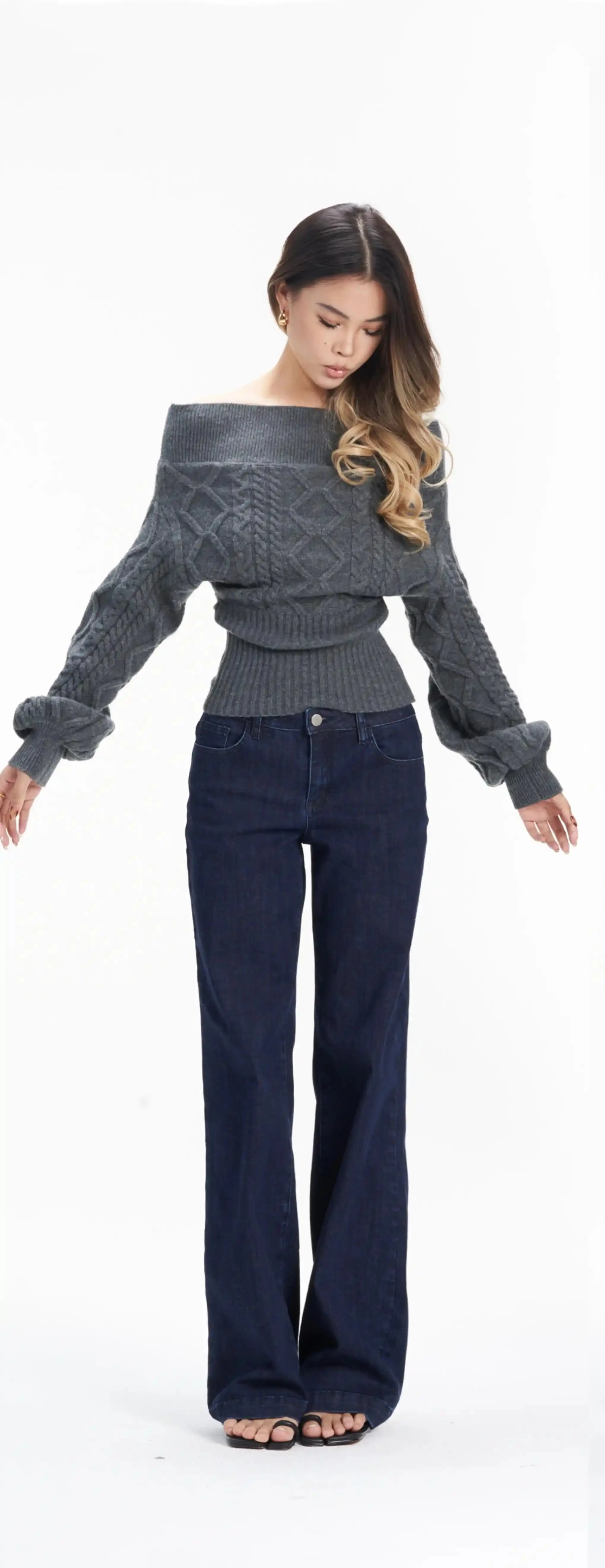Off Shoulder Cable Knit Cropped Cinched-Waist Sweater - Image 4