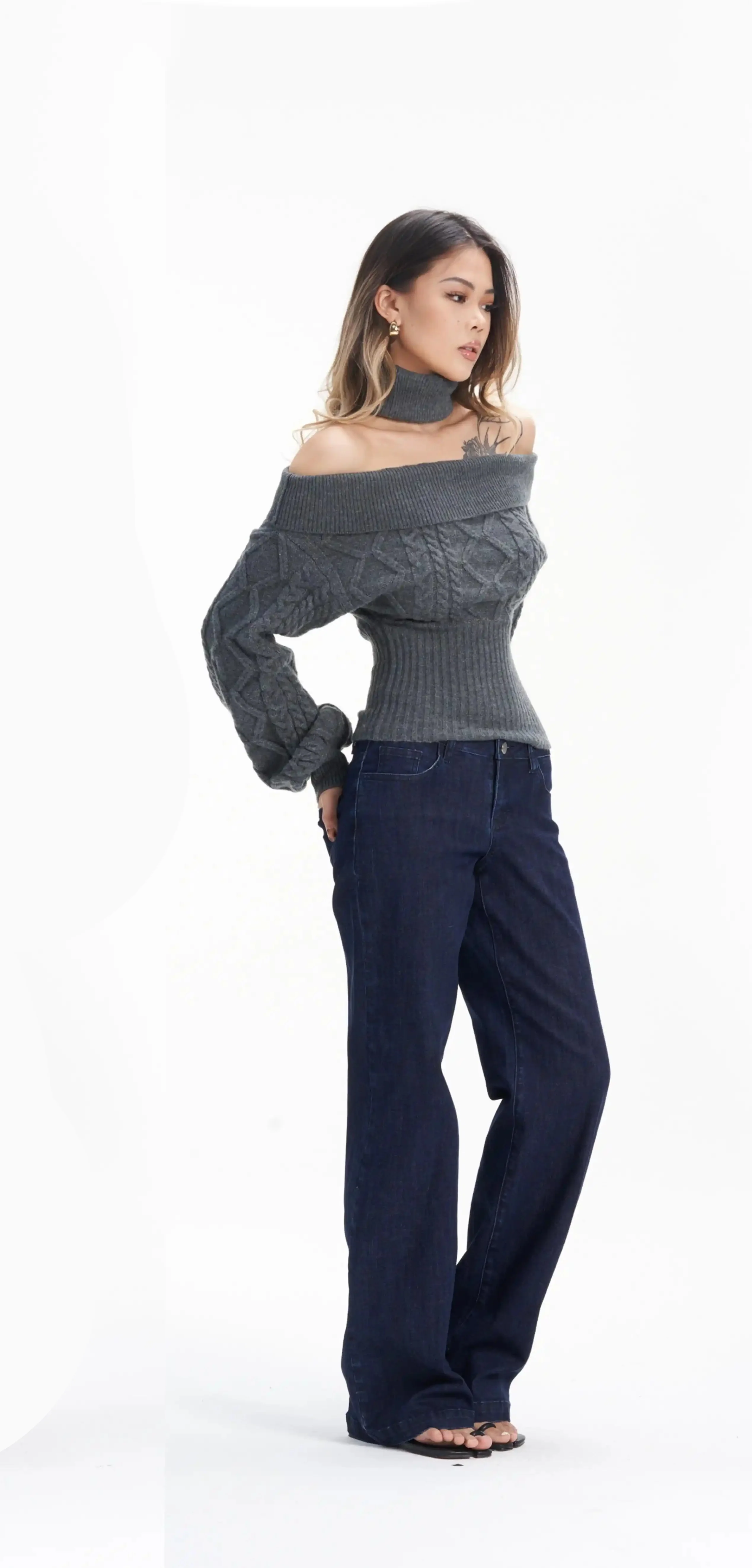 Off Shoulder Cable Knit Cropped Cinched-Waist Sweater - Image 5
