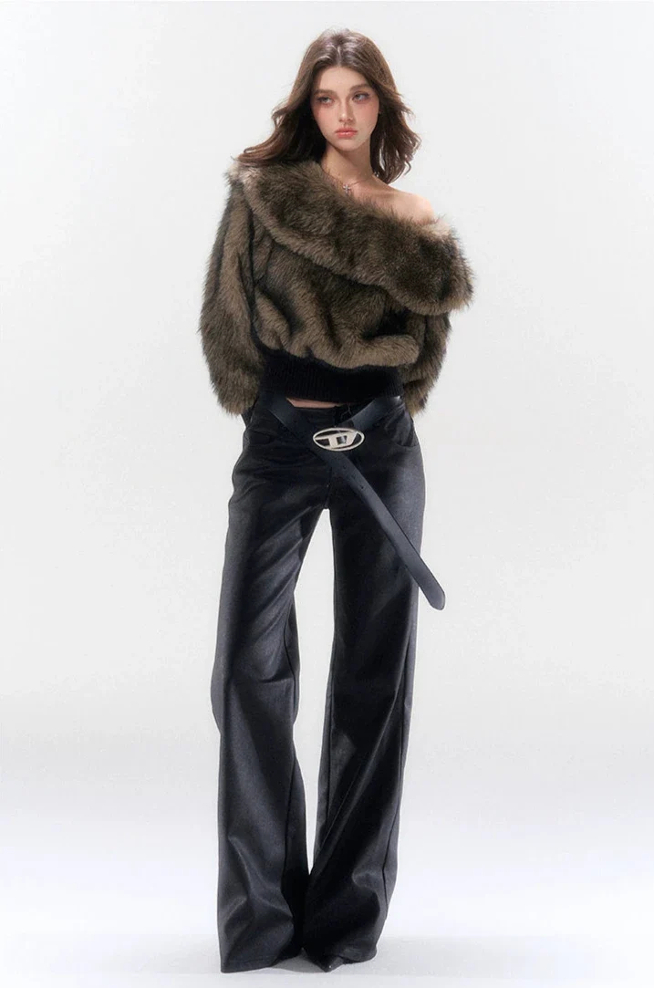 Off-Shoulder Faux Fur Ribbed Cuff Sweater - Image 7