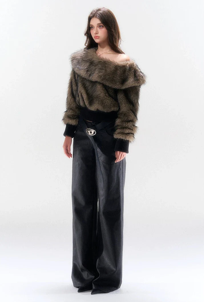 Off-Shoulder Faux Fur Ribbed Cuff Sweater - Image 8