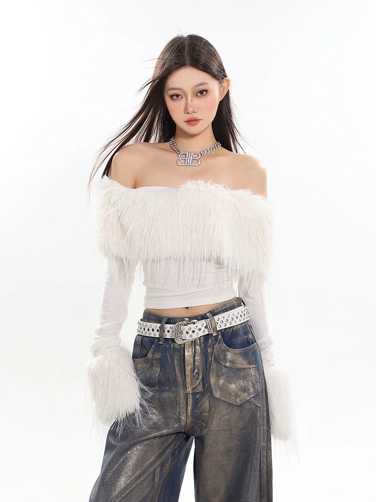 Off-Shoulder Faux Feather Fringe Knit Top - Image 17