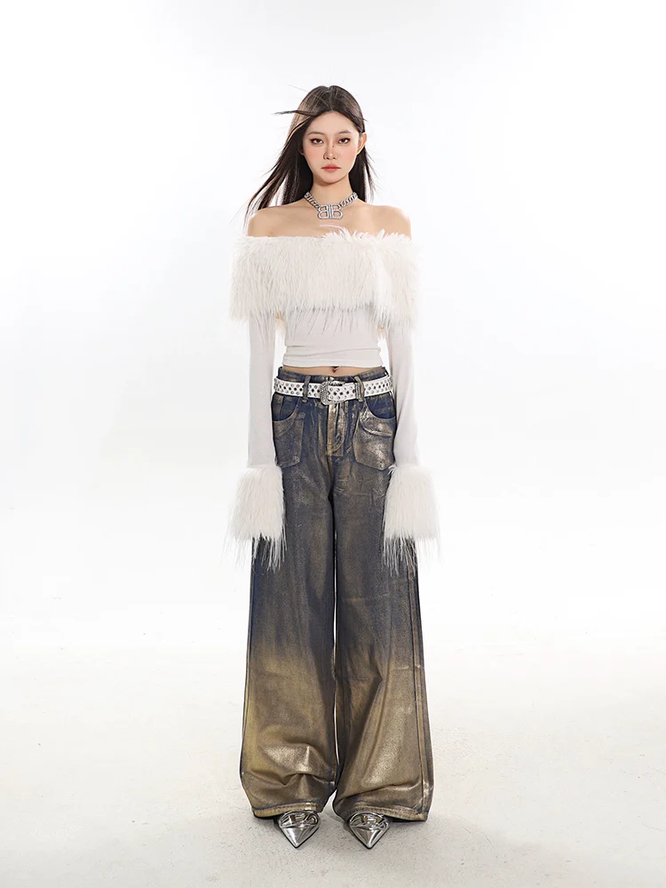 Off-Shoulder Faux Feather Fringe Knit Top - Image 21