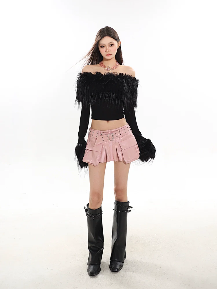 Off-Shoulder Faux Feather Fringe Knit Top - Image 6