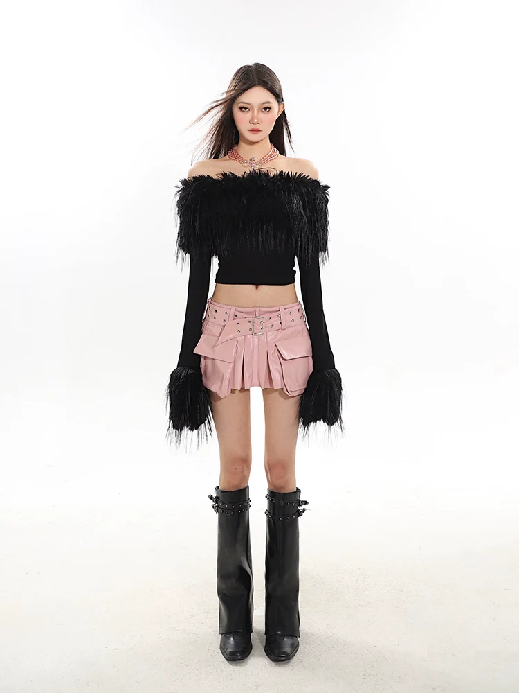 Off-Shoulder Faux Feather Fringe Knit Top - Image 7
