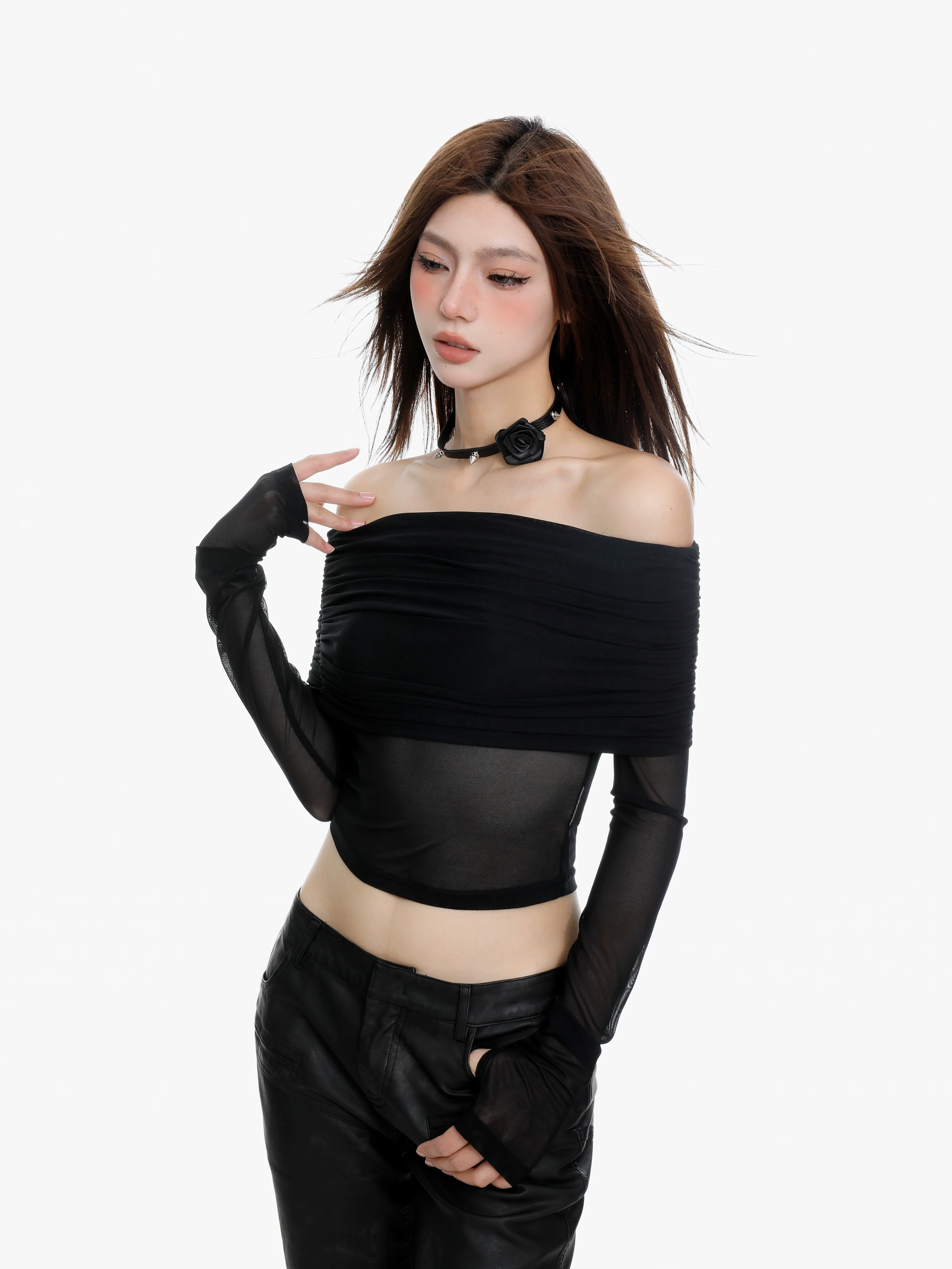 Off-Shoulder Layered Sheer Sleeve Crop Top - Image 2