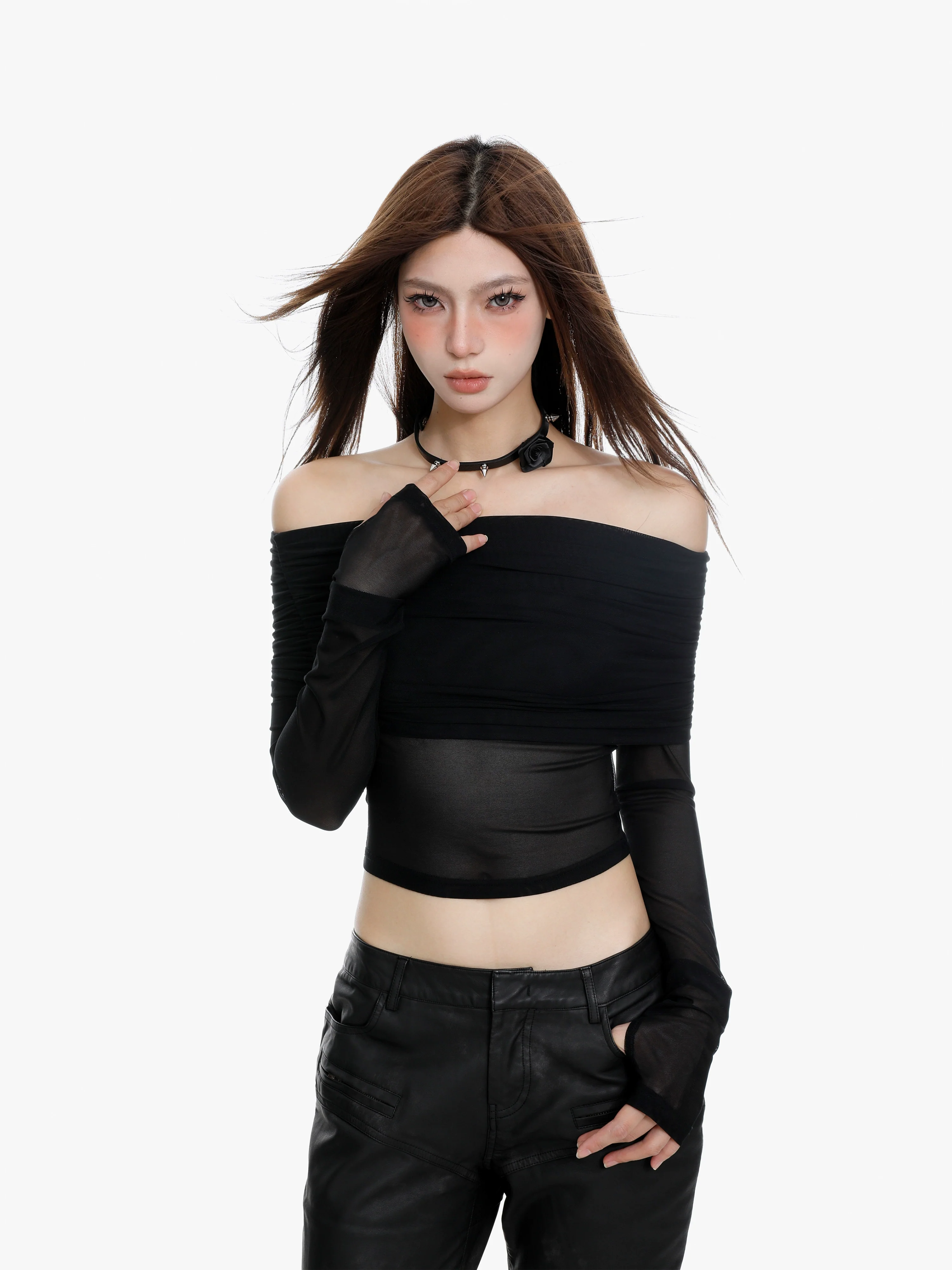 Off-Shoulder Layered Sheer Sleeve Crop Top - Image 3