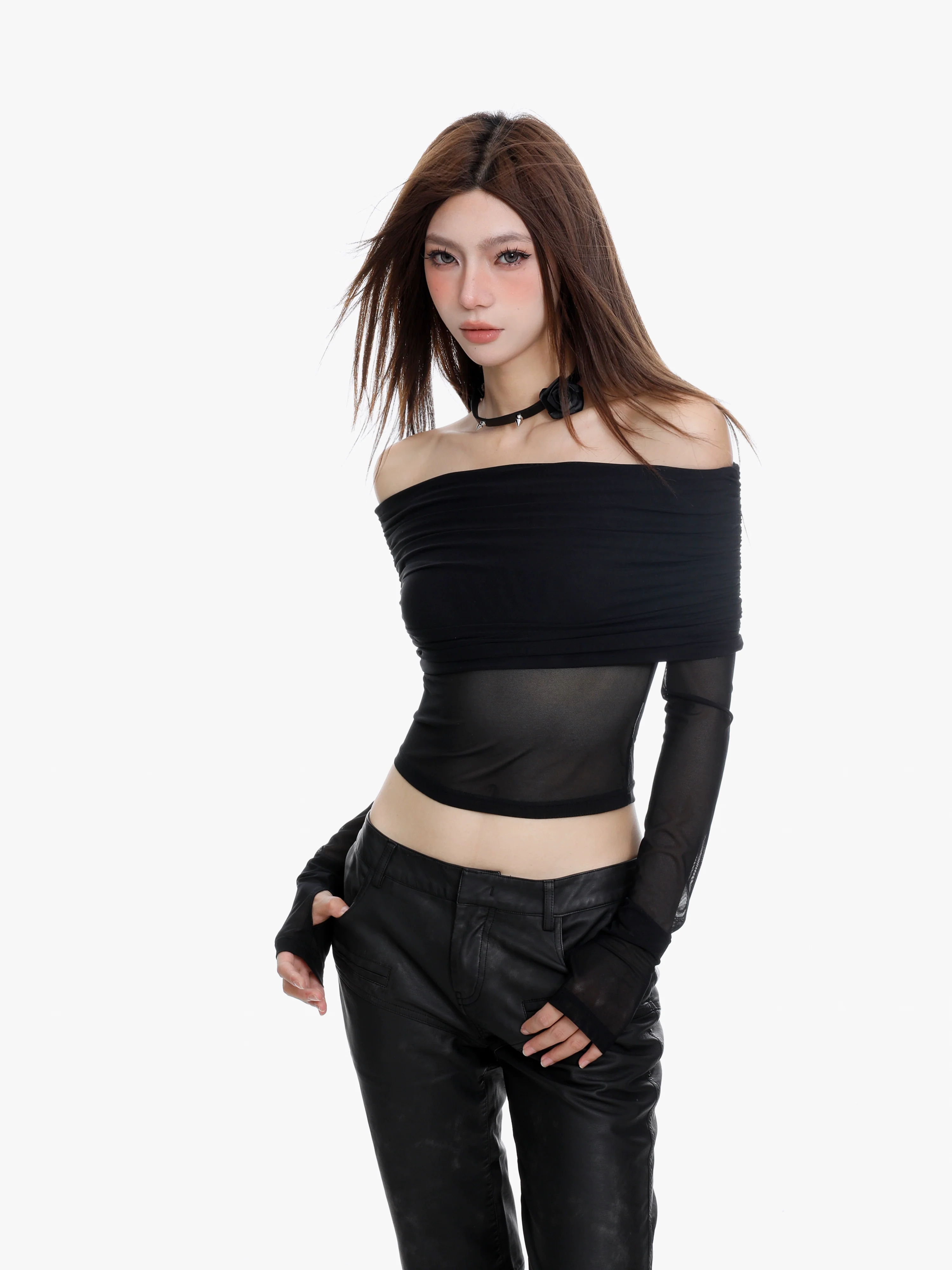 Off-Shoulder Layered Sheer Sleeve Crop Top - Image 4