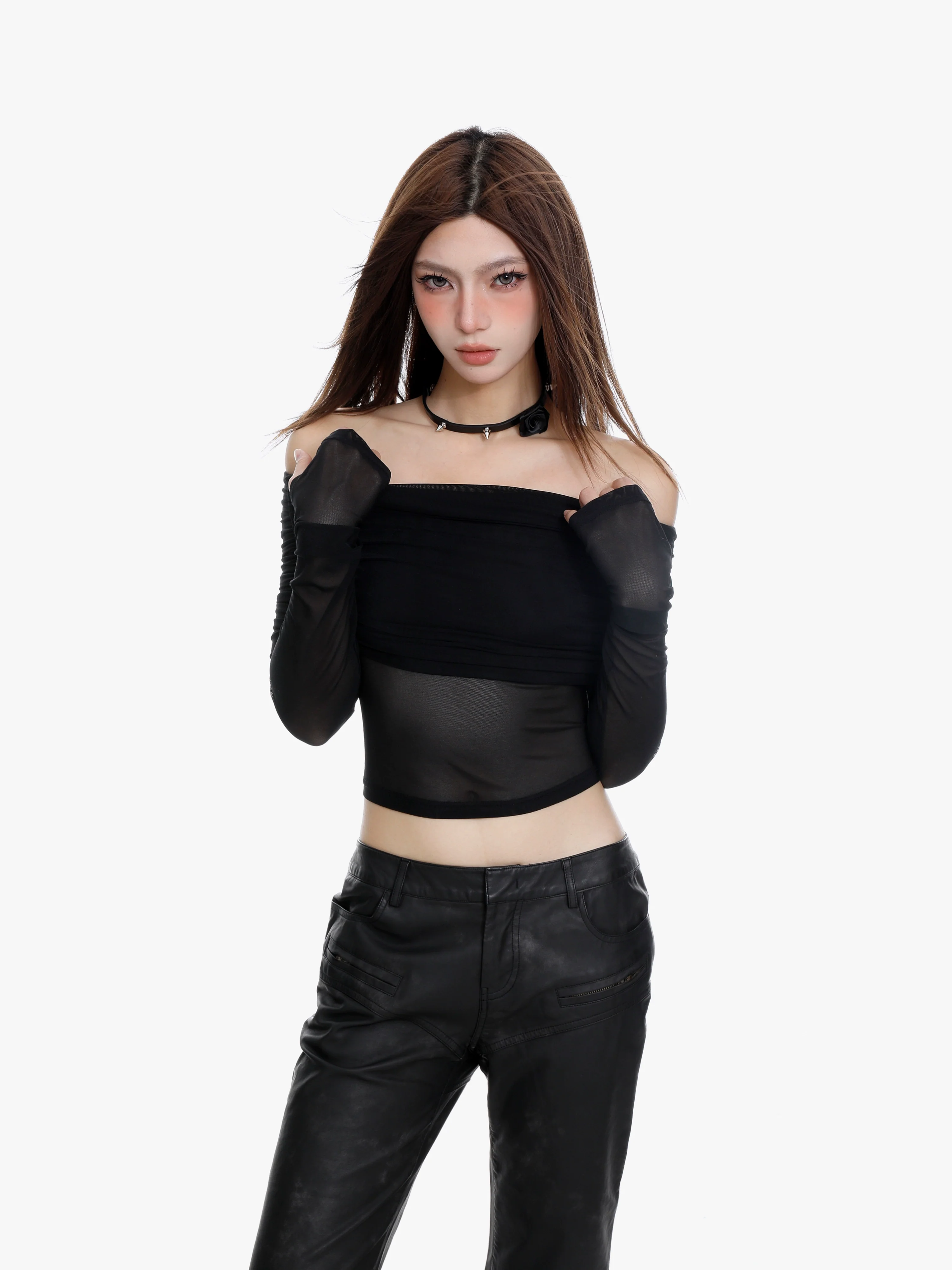 Off-Shoulder Layered Sheer Sleeve Crop Top - Image 7