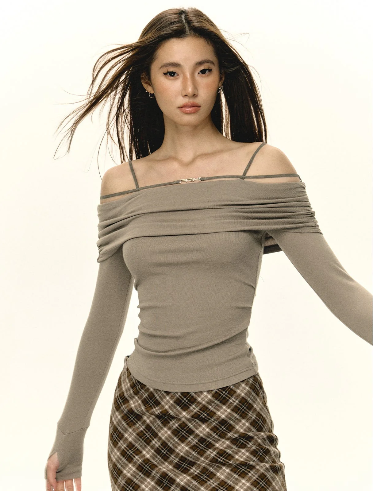 Off-Shoulder Layered Long Sleeve Ruched Skinny Top - Image 2