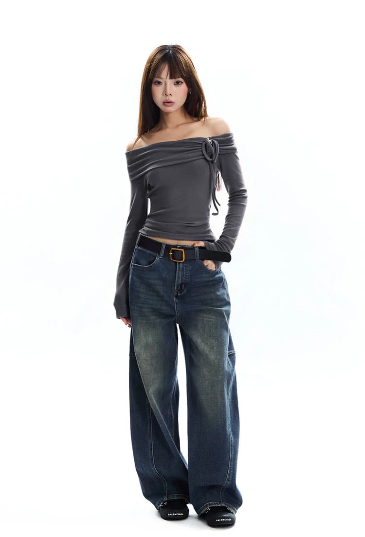 Off-Shoulder Long Sleeve Top with Drawstring Detail - Image 6