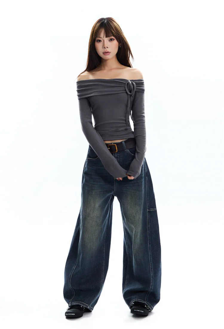Off-Shoulder Long Sleeve Top with Drawstring Detail - Image 7