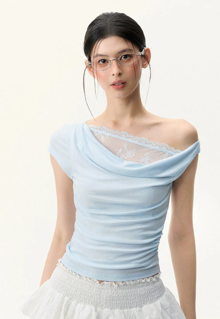 Off Shoulder Mesh Lace Panel Asymmetric Top