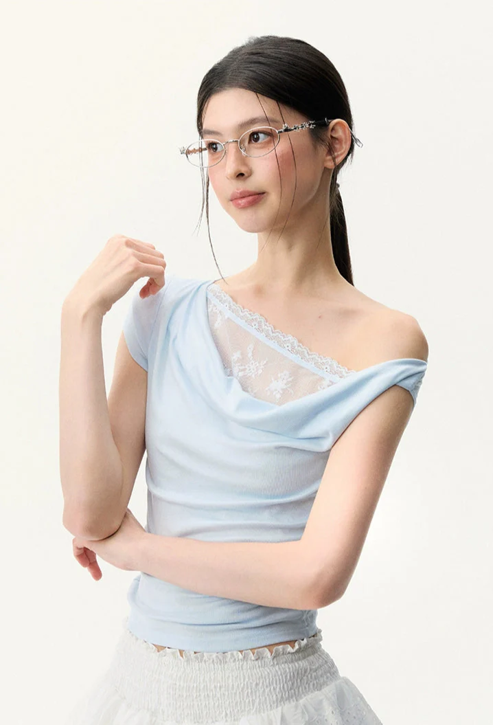 Off Shoulder Mesh Lace Panel Asymmetric Top - Image 2