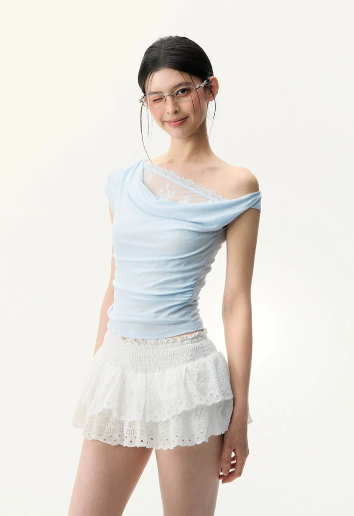 Off Shoulder Mesh Lace Panel Asymmetric Top - Image 3