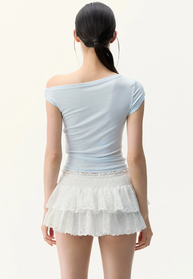 Off Shoulder Mesh Lace Panel Asymmetric Top - Image 5