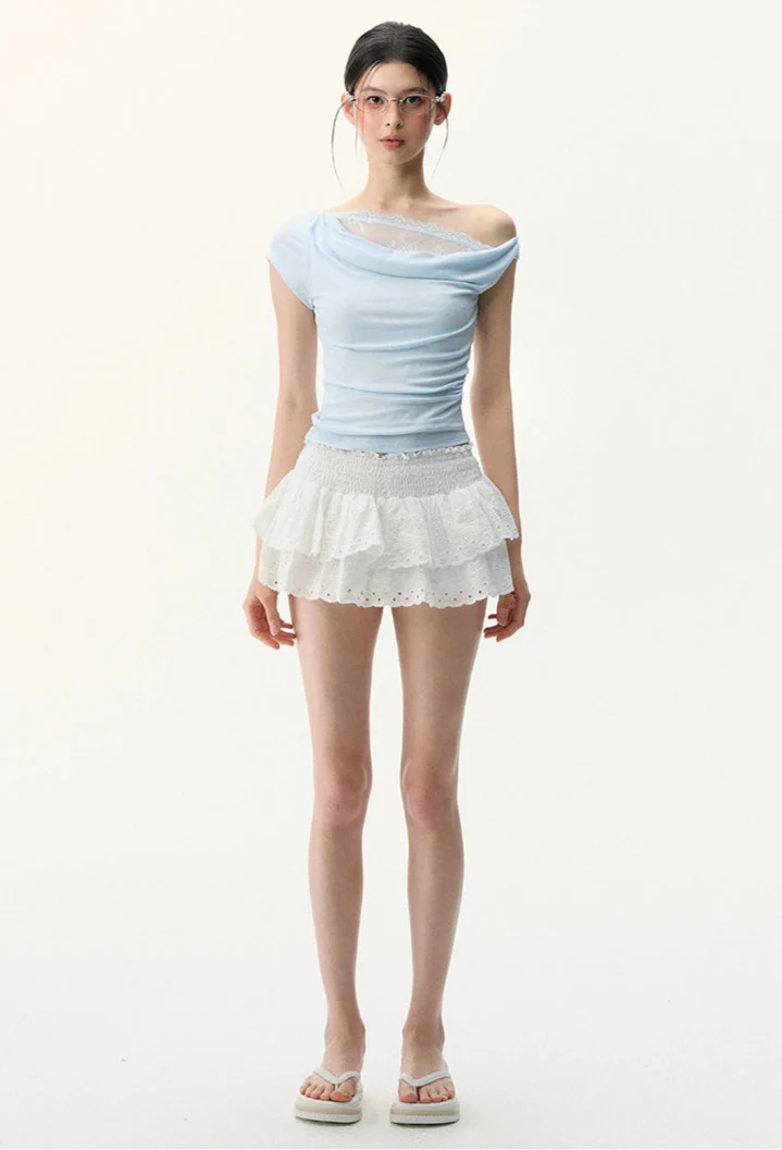 Off Shoulder Mesh Lace Panel Asymmetric Top - Image 6